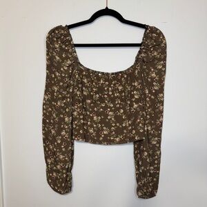 Elodie Floral Puff Sleeve Square Neck Peasant Top Brown Small NWT